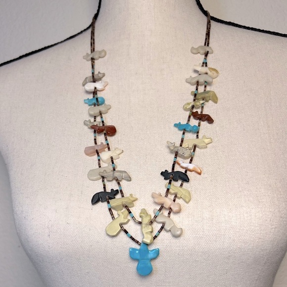 Hand Crafted Jewelry - Zuni Native American Double Strand Heishe Bead Bird Fetish Necklace 30”